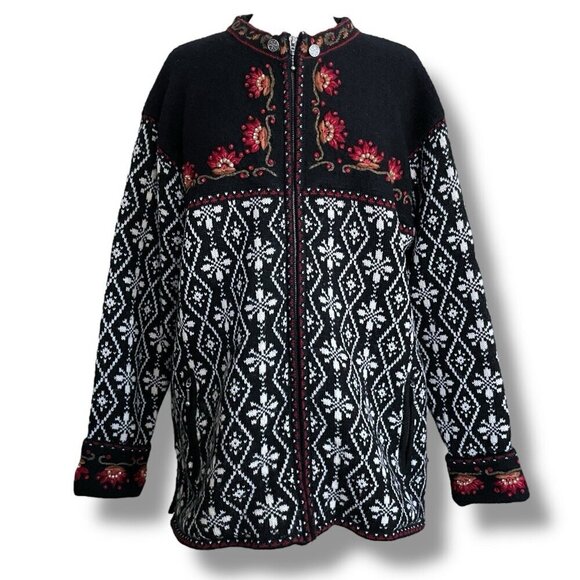 Icelandic Designs Womens Sweater Coat XL Black Floral Wool Embroidery Cardigan - Picture 1 of 10